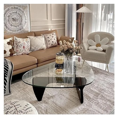 Table Basse Salon, Table basse triangulaire en verre - Table d'appoint moderne du milieu du siècle, base en bois massif et plateau en verre transparent trempé vintage, tables basses for salon, balcon