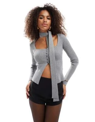 Bershka - Gilet côtelé avec liens autour du cou - Gris
