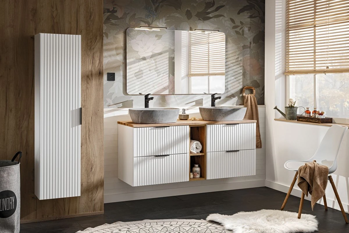 Ensemble de salle de bain 140 cm HILONA avec vasques à poser effet béton et colonne | BOBOCHIC ®