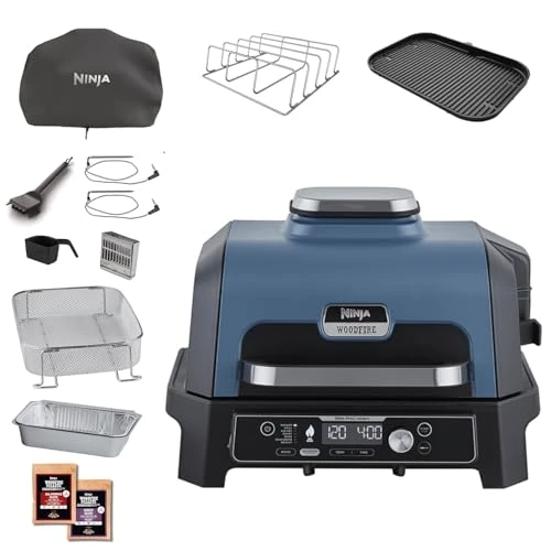 Ninja Woodfire Pro Connect XL Barbecue Électrique &amp; Fumoir avec Contrôle d'Application, 2 Sondes, Grille, Housse, Revêtements &amp; Brosse, Grill &amp; Friteuse sans huile 7-en-1, Bleu &amp; Noir OG901EUAMZ