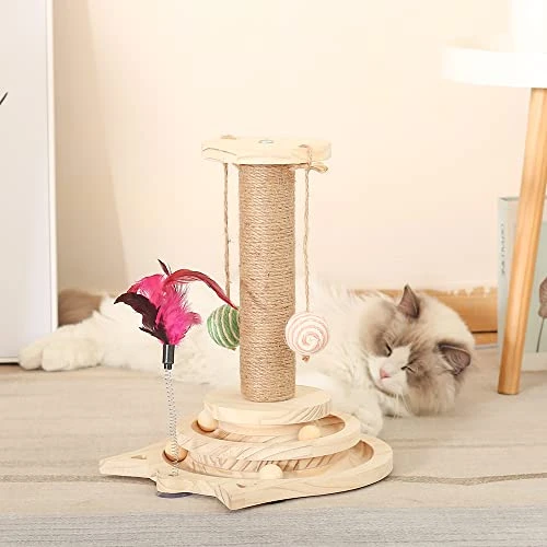 Carrousel en Bois pour Chats 4 en 1, Arbre à Chat en Bois, Jouet en Bois pour Chats, Jouet interactif pour Chats Petits et Moyens, Taille 26L x 26W x 34H cm