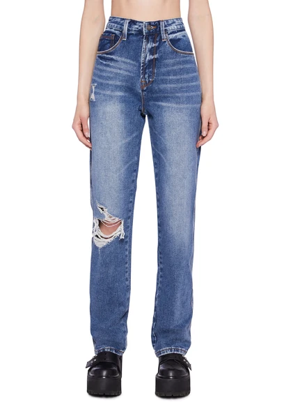 Dogma Distressed Straight Leg Denim Jeans - Blue