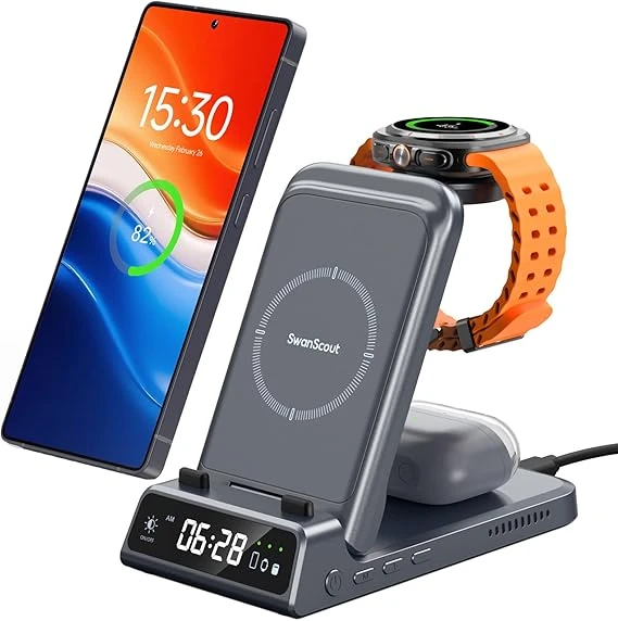 Chargeur Induction pour Samsung S25/Watch 8/8 Classic, Station de Charge pour Samsung S24/S23/Fold 6, 3 en 1 Chargeur sans Fil pour Galaxy Watch Ultra/7/6/5, Galaxy Buds, SwanScout 703S (No Adapter)