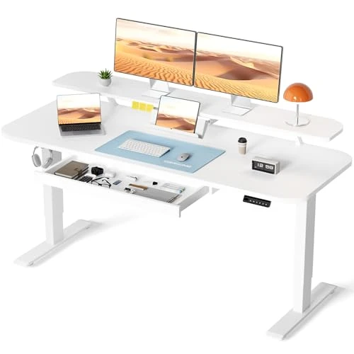 COMHOMA Bureau Assis Debout Électrique, 120x60cm Bureau Électrique avec Rangement, Support Écran, Tiroir, Support pour Ordinateur Portable, Bureau avec 3 Hauteurs de Mémoire, Blanc