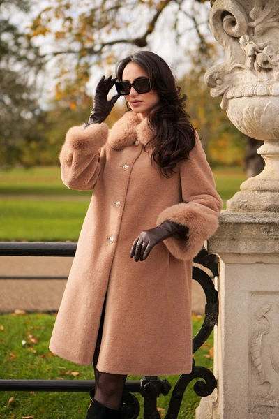'Monroe' Wool and Faux Fur Teddy Coat in Marrone