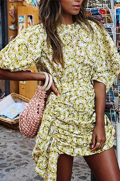 Fashion Floral Print Puff Sleeve Pleated Mini Dress