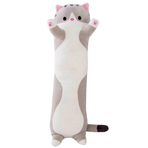 Animal en peluche chat 70cm, doux oreiller - Gris