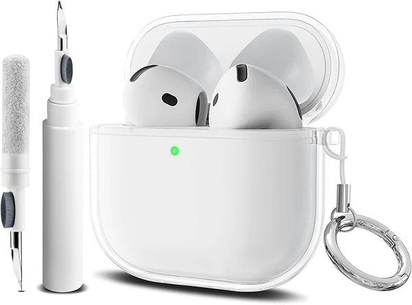 YLK Coque Compatible avec AirPods 4 2024 avec Kit de Nettoyage, LED Avant Peut être Visible, Housse en Silicone Anti-Choc Etui de Protection avec Porte-clés et Cordon (Transparent)