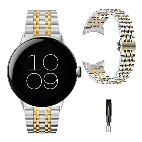 Miimall Bracelet en métal pour Google Pixel Watch 2/1, bracelet en acier inoxydable ultra fin avec fermoir pliable, bracelet de rechange réglable pour Google Pixel Watch, Pixel Watch 2 (argent + or)