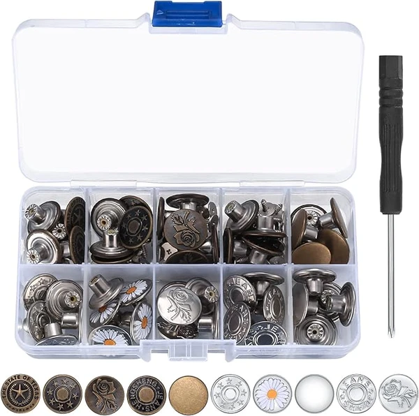50 Pièces Boutons de Jeans Métalliques - Remplacement Sans Couture Pour Pantalon, Instantanés Réglables Amovibles - 10 Styles Avec Tournevis