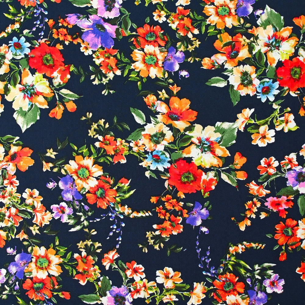 Viscose imprimée bouquet de fleurs de Sophie fond marine