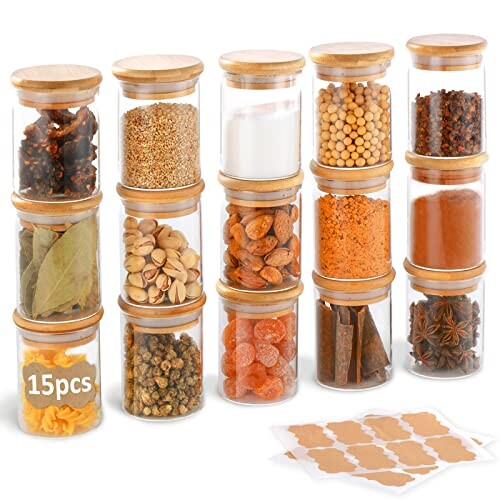 SOLEDI 15 Pièces Pot a Epices Bocaux Conservation Verre avec Couvercle en Bambou et Joint en Silicone Bocaux à Épices Hermétique Bocal en Verre Set pour Farine Céréales Biscuits Collations