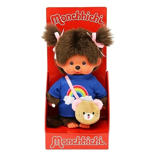 Sekiguchi 233724 - Monchhichi Original Fille, T-Shirt Arc-en-Ciel avec Sac et Rubans, Animal en Peluche Brun d'environ 20 cm