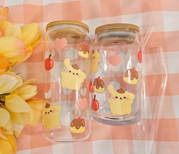 Cute Pompom Glass Cup with Bamboo Lid and Glass Straw