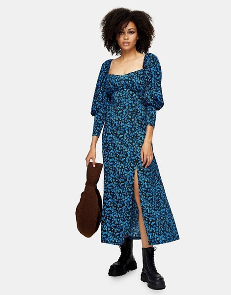 Topshop - Robe mi-longue tendance folk - Bleu
