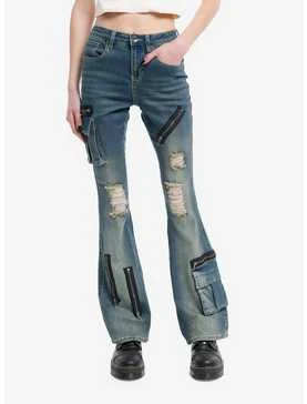 Destructed Zipper Flare Denim Pants