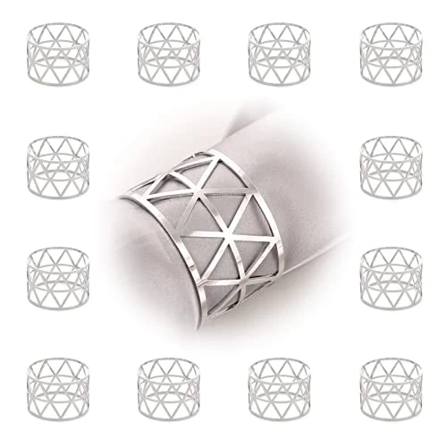 Rond de Serviette 12 Pieces, Rond de Serviette de Table Or et Argent, Rond de Serviette Noël, Ronds et Porte-Serviettes Triangle Creux, Napkin Rings pour Mariage Anniversaire Fête (Argent A)