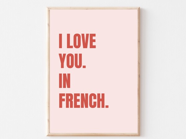 I Love You In French Art Print DIGITAL DOWNLOAD Pink and Red Retro Sign · Pop Art · Gallery Wall Set · Printable Wall Art · Decor Poster