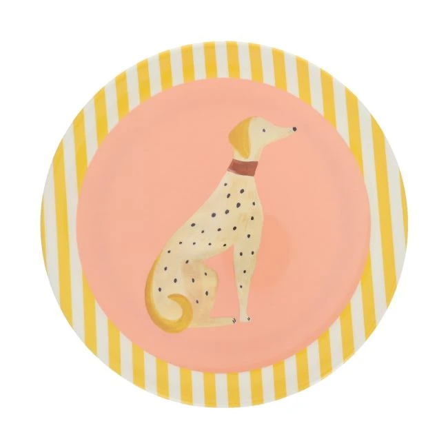 Assiette en mélamine rose et jaune rayée - Olympe