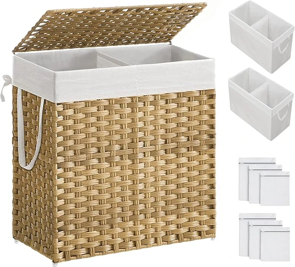 Songmics Handwoven Laundry Basket Made of Synthetic Rattan, With Lid And Handles