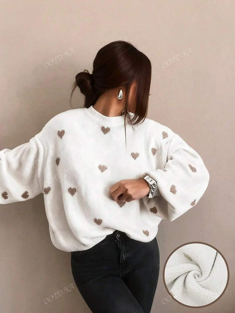 Pull ample décontracté à motif cœur mignon pour femmes en automne et hiver, avec col rond et manches longues. Pull basique, tenue décontracté chic. Top d'automne, pull d'automne. Vêtements d'hiver pour femmes, vêtements d'automne et d'hiver pour femmes, vêtements d'automne | Mode en ligne | SHEIN FRANCE