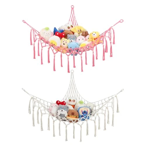 GCRQ Hamac de Rangement pour Peluches avec Filet d'angle, Lot de 2 Filet en Coton Épais Tissé Main | Décoration Murale pour Chambre d'enfants, Nurserie &amp; Salle de Jeu (Crème&amp;Rose)