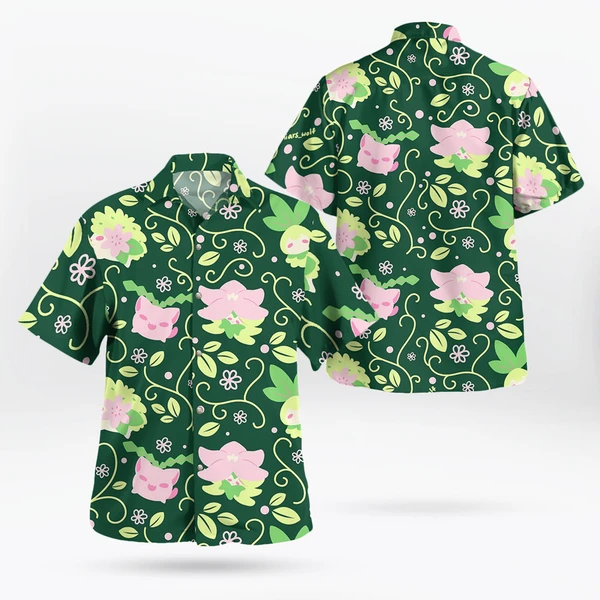 Grass type Pokemon Hawaiian Shirt - Men's Grass Type Pokemon Button Up Shirt