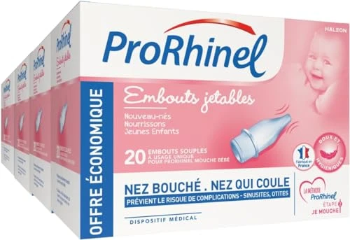 PRORHINEL Embouts Jetables Mouche pour Bébé, pour Nez Bouché, Fabriqué en France, 20 Embouts Souples - Lot de 4