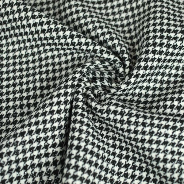 Tissu Lainage à motif pied de poule noir, blanc et fil lurex argenté | Pour couture de manteau et veste en laine chaud