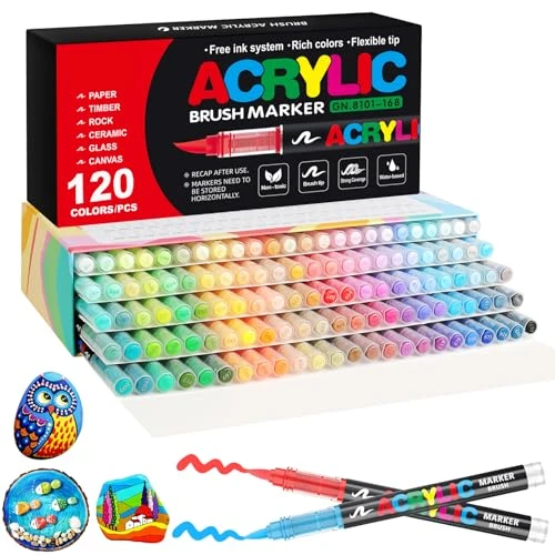 Funnasting 120 Couleurs Feutre Acrylique, Tête de Brosse Douce Marqueur Peinture Acrylique pour Coloriage, Verre, Tissu, Oeuf, Pétroglyphes et Bricolage Arts &amp; Crafts Fournitures