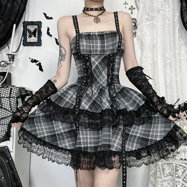 Plaid lace hem lace up cami mini dress