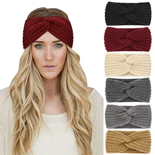 DRESHOW 6 Pièces Bandeau Cheveux pour Femme Bandeaux Hiver Serre-Tête Tricoté Oreille Réchauffeur Chaud Noué Bande Elastique Cheveux,Taille unique,6 Pack Set G-1
