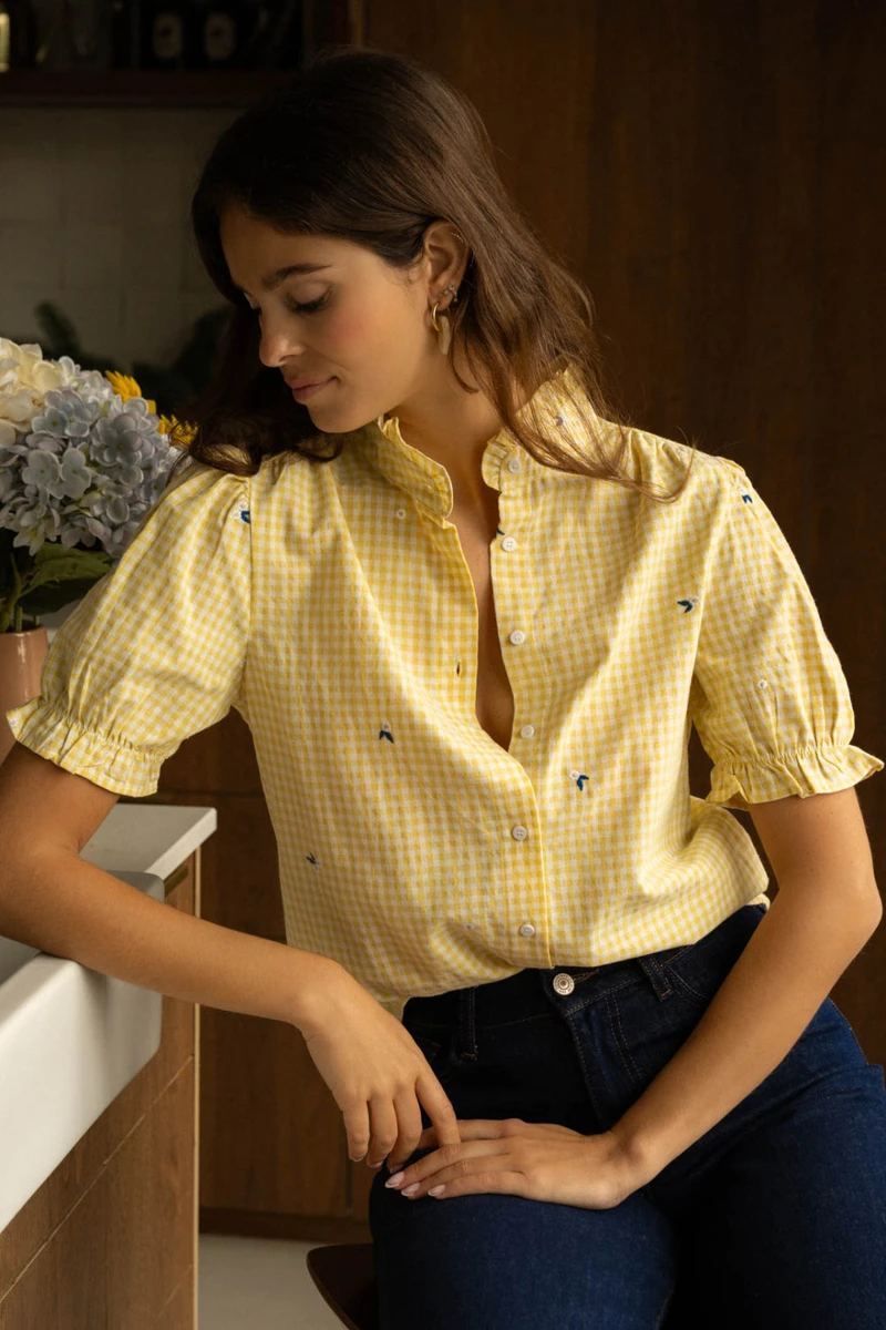 Blouse À Manches Courtes Femme En Vichy, Broderies Fleuries Et Volants - Jaune - Boutique Libertie