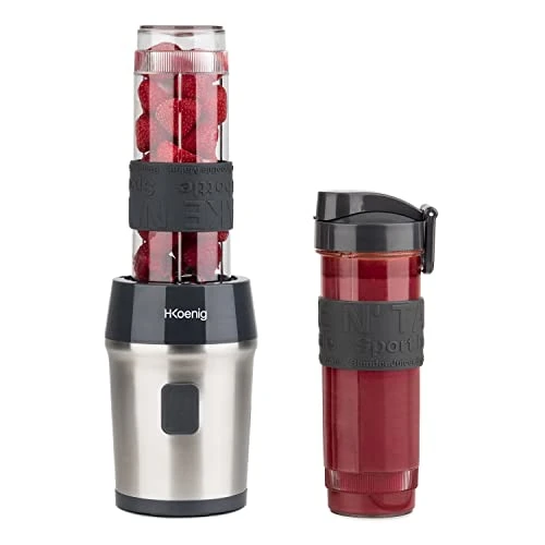 H.Koenig Mini Blender Smoothie Transportable Compact 570mL SMOO9 Sans BPA Puissant 300W, Mixeur à Smoothie 2 Bouteilles Portables, 4 Lames en Inox, 2 gourdes avec couvercles de voyage incluses