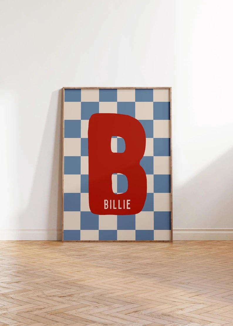 Custom Initial Name Print, Personalized Checkered Poster, Baby Boy Room Decor, Gifts for Boy, Nursery Wall Art, Digital Download