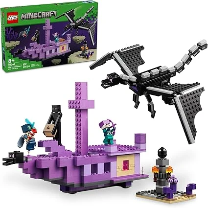 LEGO Minecraft The Ender Dragon and End Ship Building, jeu vidéo avec 2 figurines Minecraft, jouet d'action dragon pour enfants, cadeau d'anniversaire pour garçons et filles âgés de 8 ans et plus,