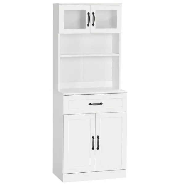 HOMCOM Buffet haut 4 portes étagère niche tiroir coulissant plan de travail poignées métal noir verre trempé MDF blanc