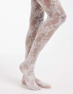 Lindex - Collants 30 deniers en dentelle fleurie - Blanc