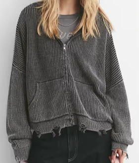 Pull&Bear - Gilet zippé déchiré - Noir délavé
