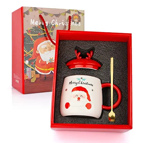 JNUYISW Tasse de Noel, Mug de Noël Tasse à café avec Motif de Noël Tasse à café dans Un Emballage Cadeau Tasse à Lait Tasse à thé Tasse Céramique Noël avec Couvercle et Cuillère Cadeau de Noël, 420ml