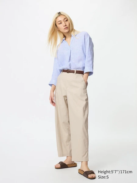 Pantalon fuselé en coton et lin mélangés