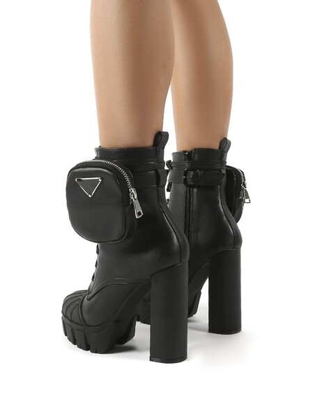 Hallucinate Black Pu Pocket Detail Block Heel Ankle Boot