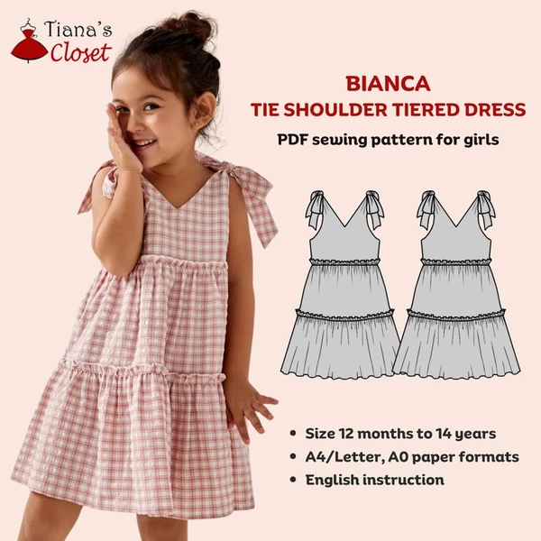 Bianca Girls' Tiered Tie Shoulder Dress Sewing Pattern (Instant Download PDF, sizes 12 months to 14 years)
