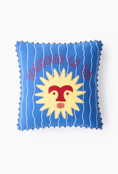 Coussin brodé à imprimé soleil, 50 x 50 cm, en coton - MAISON CHÂTEAU ROUGE x MONOPRIX