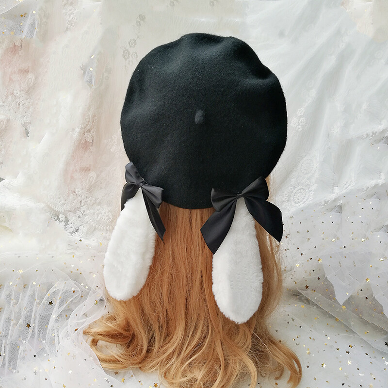 Lolita – béret mignon en peluche avec oreilles de lapin, chapeau de citrouille, casquette plate, automne et hiver