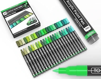 Stylos de peinture acrylique Ensemble de 22 marqueurs assortis de la série Pro Color, pointe extra fine de 0,7 mm pour la peinture rupestre, le verre, les tasses, le bois, la toile, non toxique(vert)