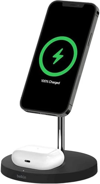 Belkin Station de recharge 2-en-1 Stand avec MagSafe (chargeur rapide de 15 W pour tous les modèles de l’iPhone 14, iPhone 13, AirPods et autres appareils MagSafe, adaptateur secteur inclus, Noir)
