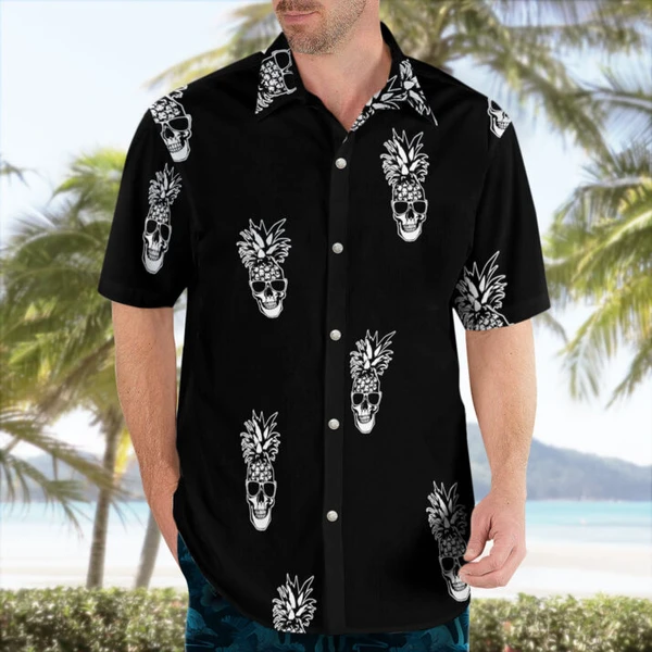 Skull Pineapple Pattern Black White Hawaiian Shirt