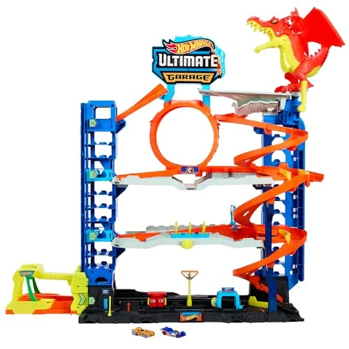 Hot Wheels Let’s Race Netflix - Coffret Jeu De Construction City Garage Ultime avec 2 Voitures, Rangement pour Plus De 50 Voitures Échelle 1:64, 4 Niveaux De Jeu, 5 Ans et Plus, HKX48