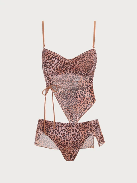 Brown Shirred Leopard Print Tankini Swimsuit